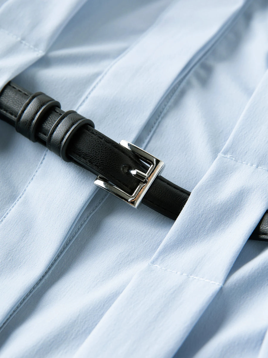 Autumn Vertical Stripe Pleated Shirt Dress with Belt