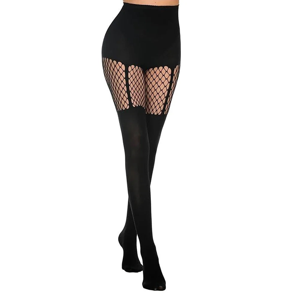 Black fishnet stockings with a white background