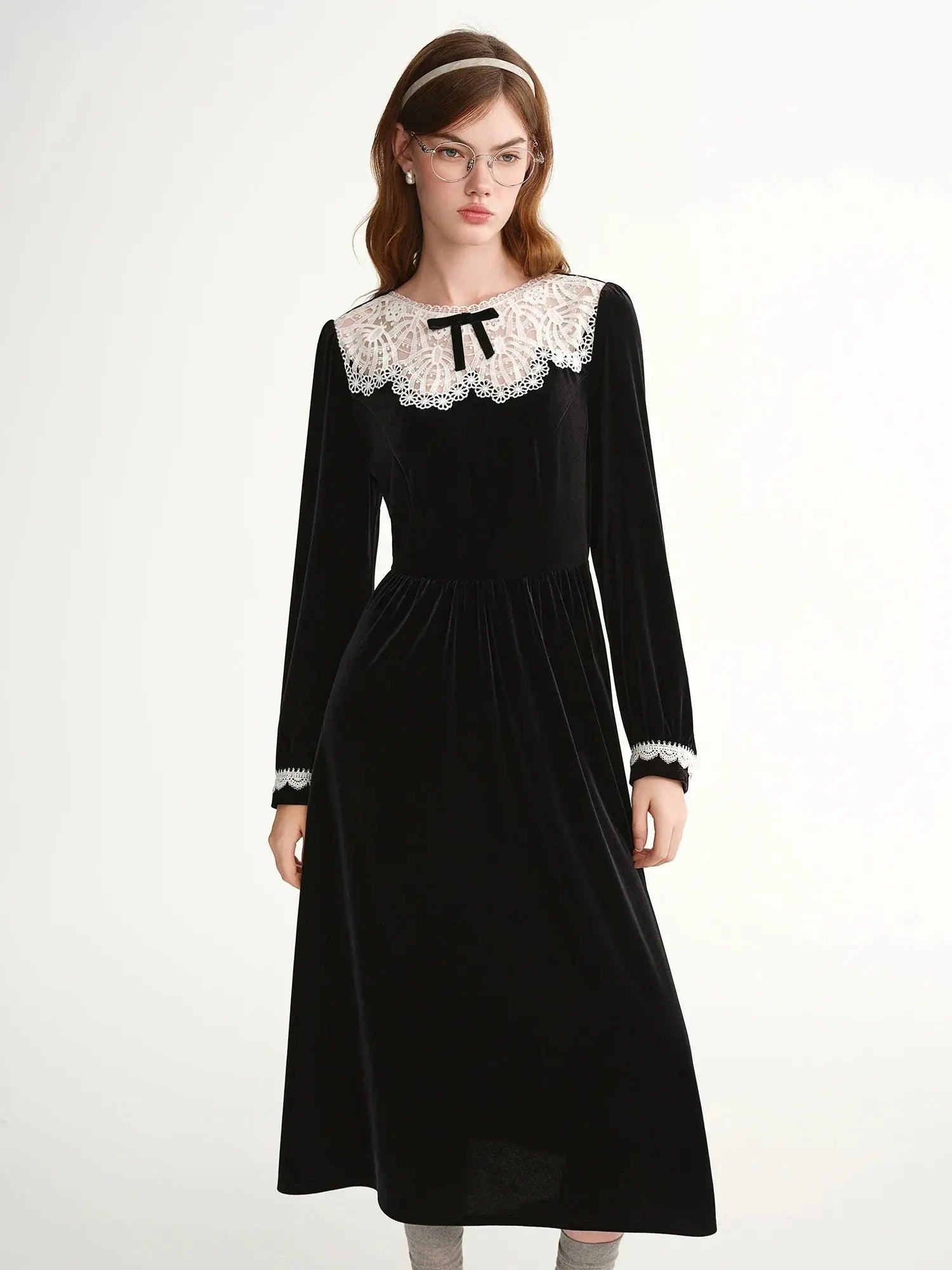 Velvet Evening Gown with Scalloped Lace Trim LORAN STORE