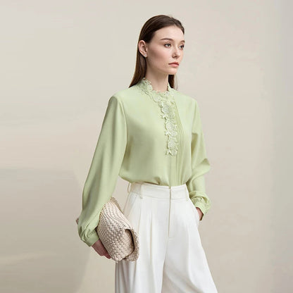 Amii Chiffon Shirt 2026 Spring New Straight Elegant Lace Splicing Pleated Women's Blouse Commuter Covered Button Tops 12641075 Loran