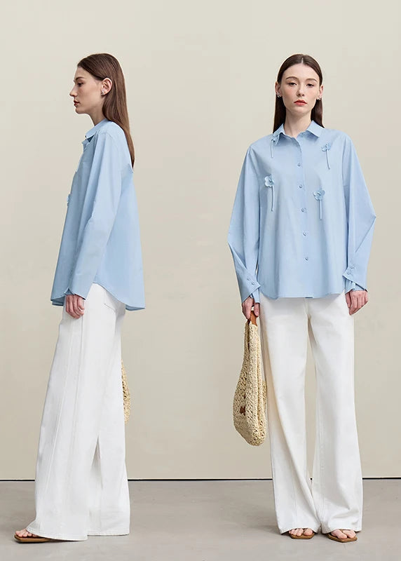 Amii All Cotton Women's Shirt 2026 Spring New Commuter Lapel Handmade Three-dimensional Flower Shirt Women's Loose Top 12641009 Loran