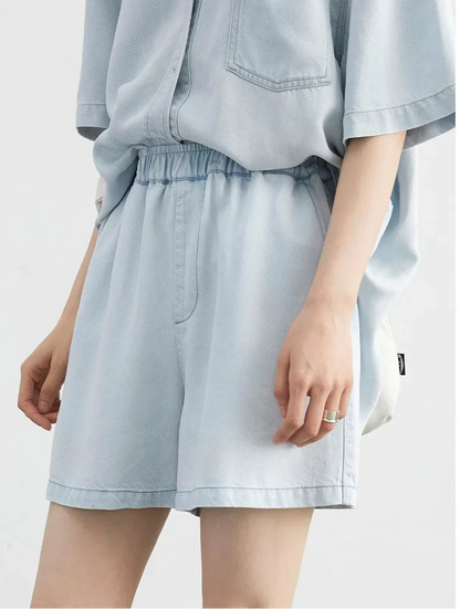 Blue Denim Set: Loose Shirt & Elastic Waist Shorts/Skirt Loran