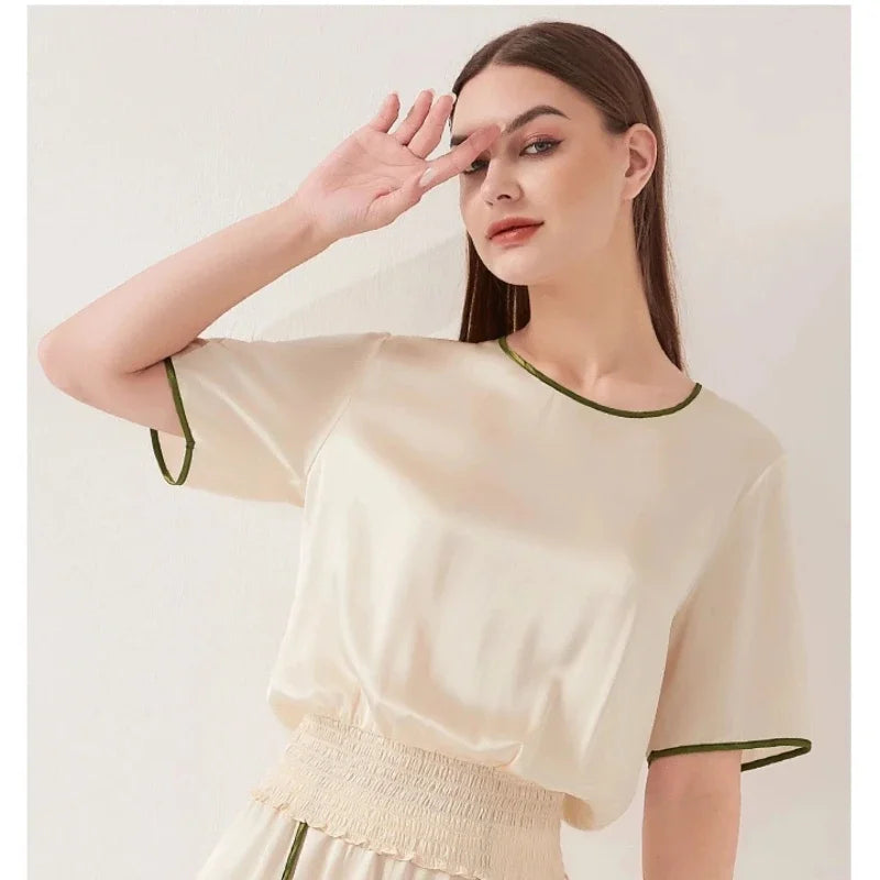 Heavy Mulberry Silk Short Sleeve Shorts 2-Piece Pajama Set Contrast Color Round Neck Women's Leisure Sleepwear PJ Summer Pajamas Loran