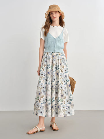 Woman wearing a floral dress with a light blue top and straw hat on a plain background