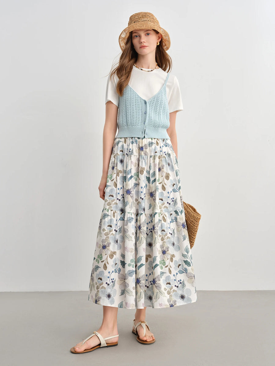 Woman wearing a floral dress with a light blue top and straw hat on a plain background