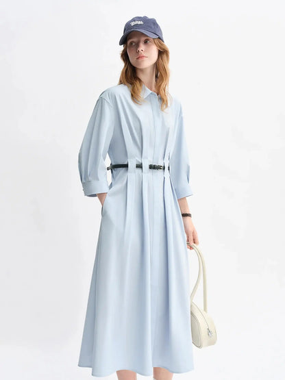 Autumn Vertical Stripe Pleated Shirt Dress with Belt - Loran