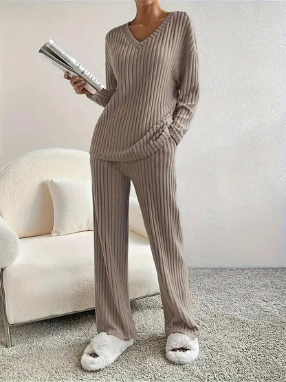 Women's Ribbed Knit Set - V-Neck Sweater & Pants - Loran