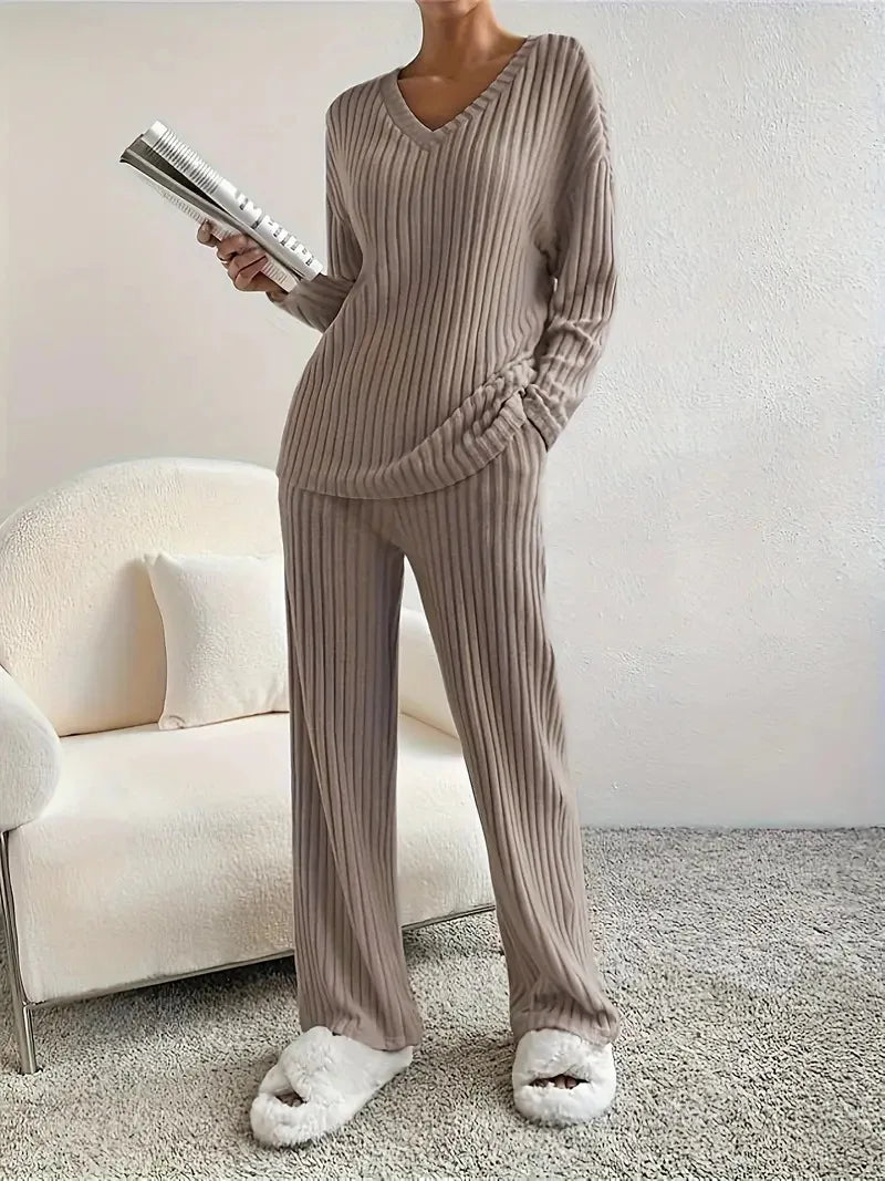 Women's Ribbed Knit Set - V-Neck Sweater & Pants