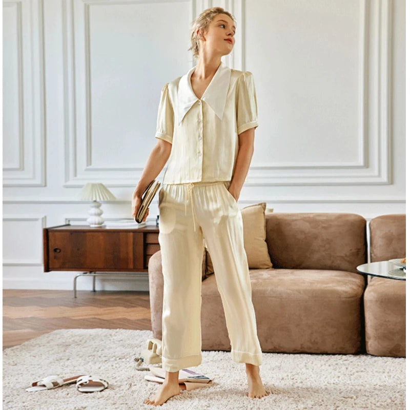 Mulberry Silk Pajama Set Short Sleeve Summer Loungewear Loran