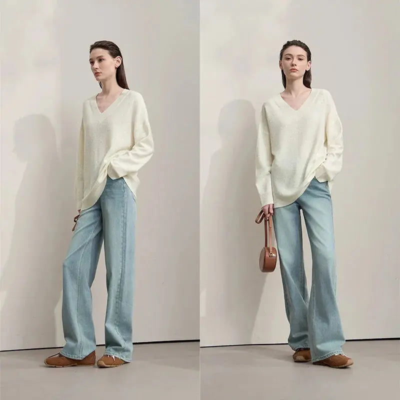 Casual, Solid Color V-Neck Loose Knit - Loran