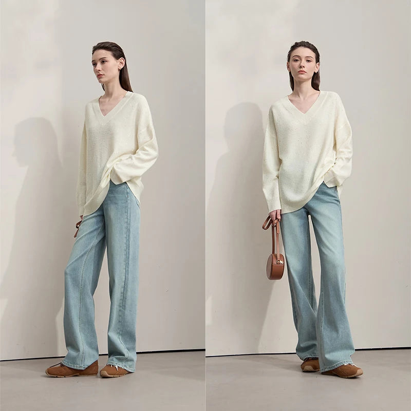 Casual, Solid Color V-Neck Loose Knit