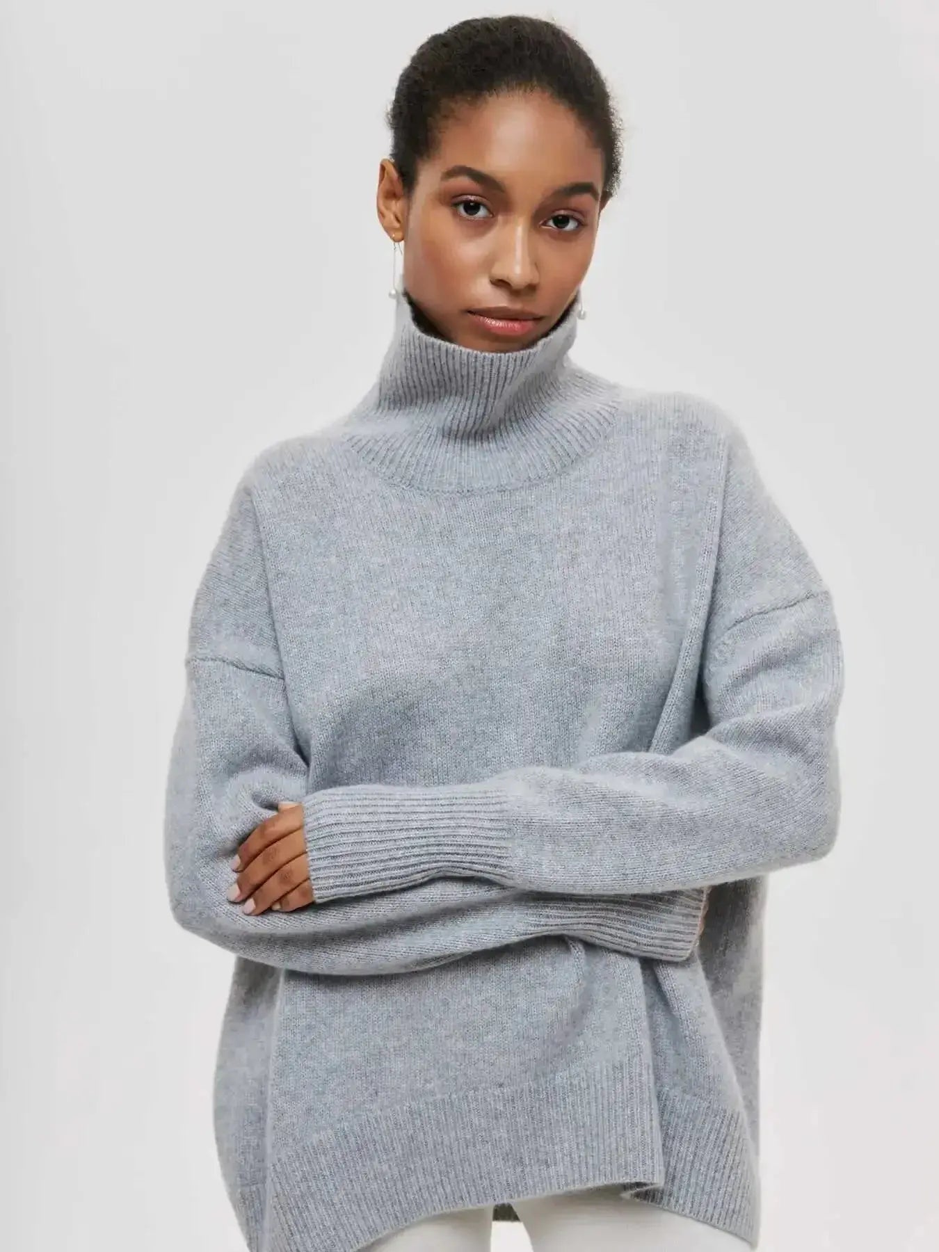 Elegant Oversized Black Turtleneck Sweater for Women - Loran