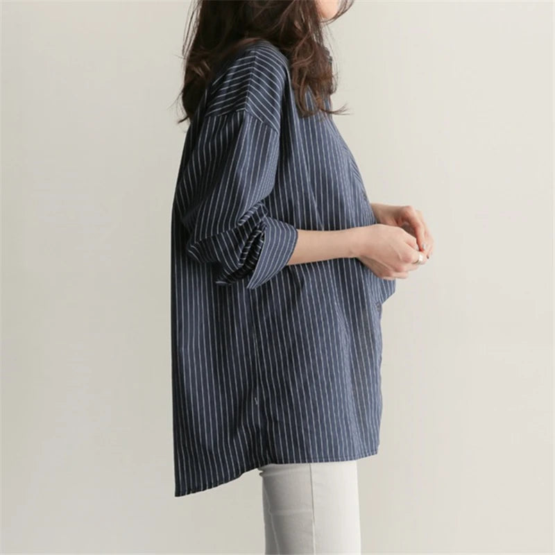 Korean-Style Loose Fit Striped Shirt for Women