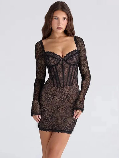 Lace Long Sleeve Backless Split Bodycon Dress - Loran