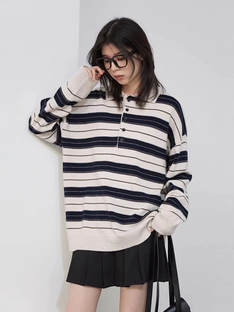 Striped Polo Collar Sweater Casual Knit Pullover Loran
