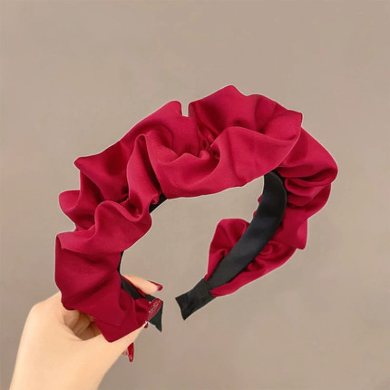 Elegant Solid Color Pleated Wide Headband for Women