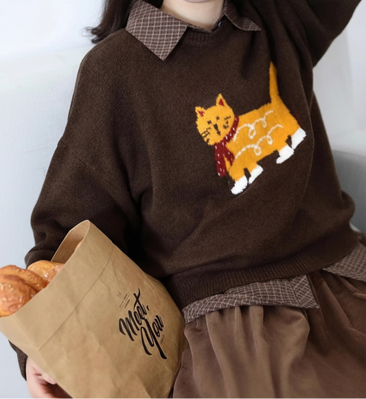 CHIC VEN New Women Sweaters Loose Casual O Neck Cartoon Cat Female Knitted Jumpers Pullovers for Girl Autumn Winter 2025 Loran