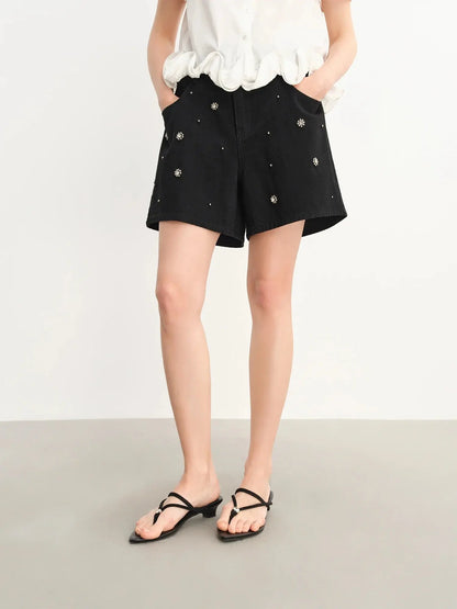 Chic Plus-Size Beaded Denim Shorts - Loran