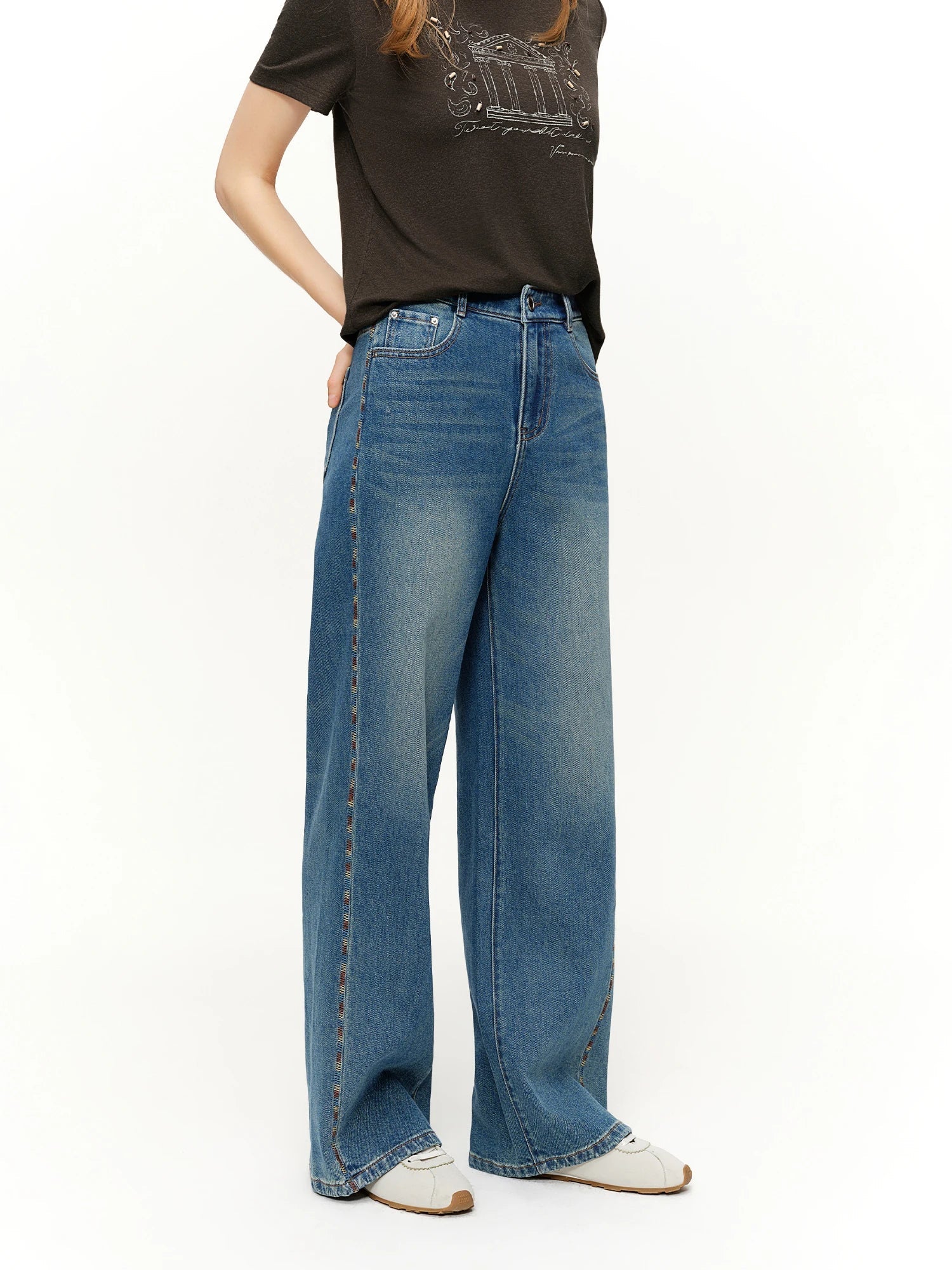 DUSHU 2026 Spring Women's Color Block Embroidered Straight Leg Jeans with Two Length Feature, Mix Match Patchwork Denim Pants Loran