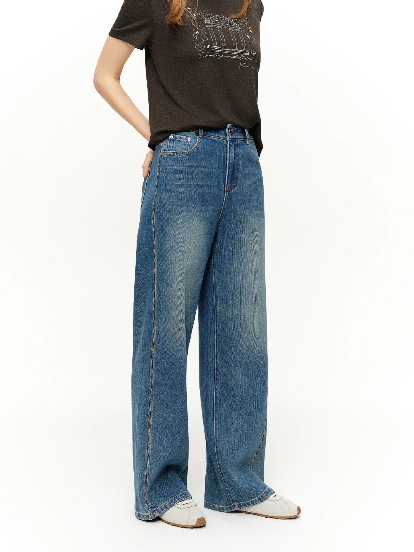 DUSHU 2026 Spring Women's Color Block Embroidered Straight Leg Jeans with Two Length Feature, Mix Match Patchwork Denim Pants Loran