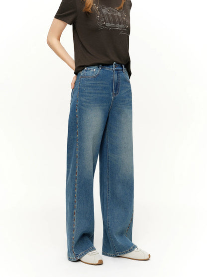 DUSHU 2026 Spring Women's Color Block Embroidered Straight Leg Jeans with Two Length Feature, Mix Match Patchwork Denim Pants Loran