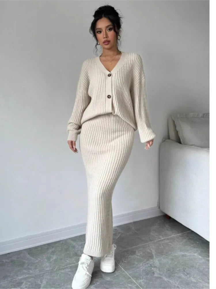 Knitted Cardigan Sweater & Skirt Two-Piece Suit