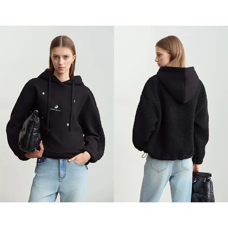 Embroidered Drawstring Faux Lamb Wool Sweatshirt
