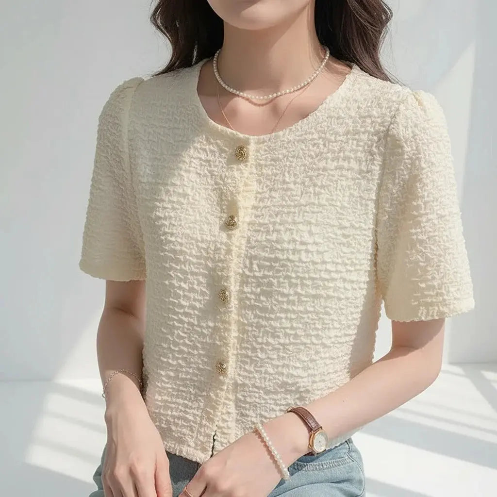 Chic White Summer Blouse - Sweet O-Neck Style - Loran
