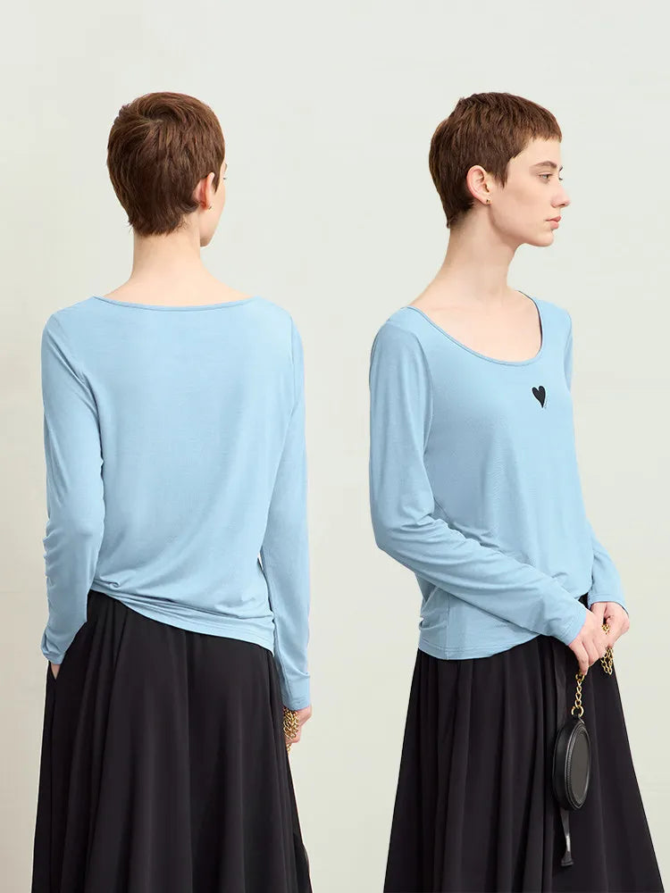 U-Neck Contrast Print Tee Long Sleeve Cotton Basic Loran