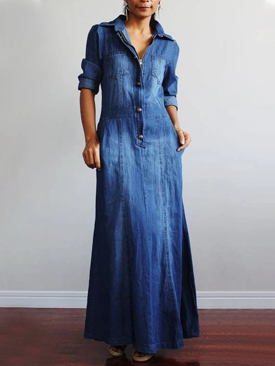 Maxi Denim Dress Long Sleeve - 3IN SMART Shop  #