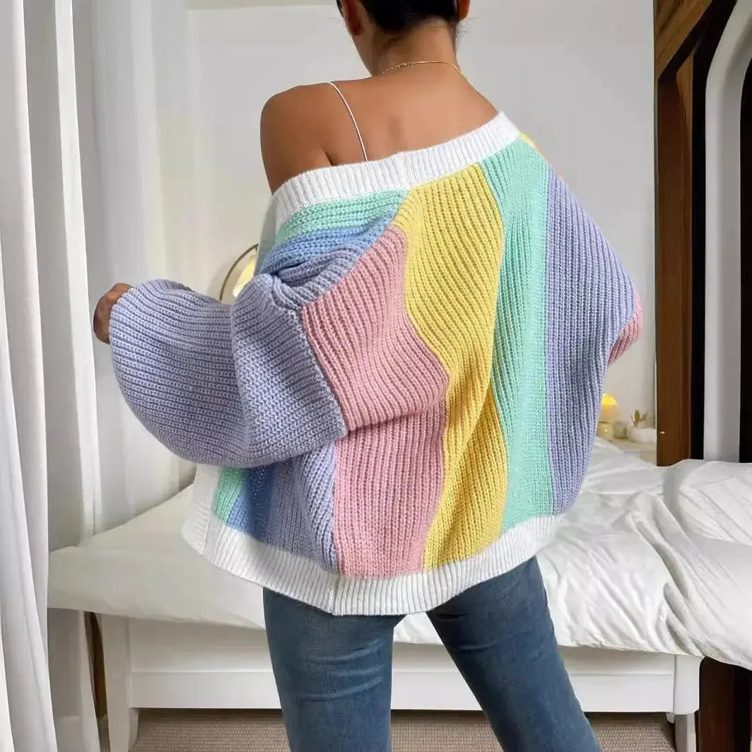 Fashionable Multi-Bar Color Block Sweater Top - Loran
