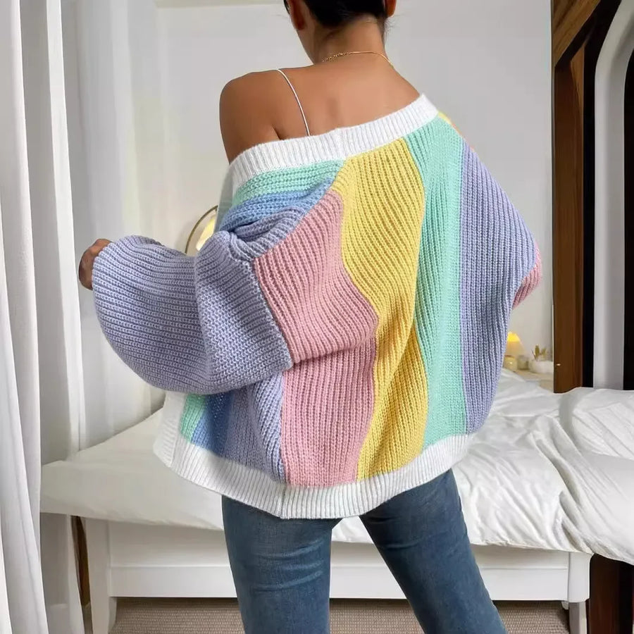 Fashionable Multi-Bar Color Block Sweater Top