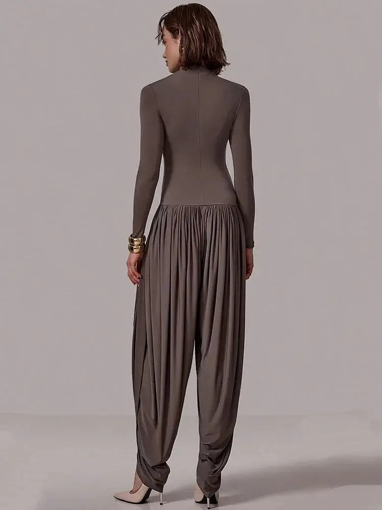 Slim-Fit Patchwork Jumpsuit with Draped Long Sleeves - Loran