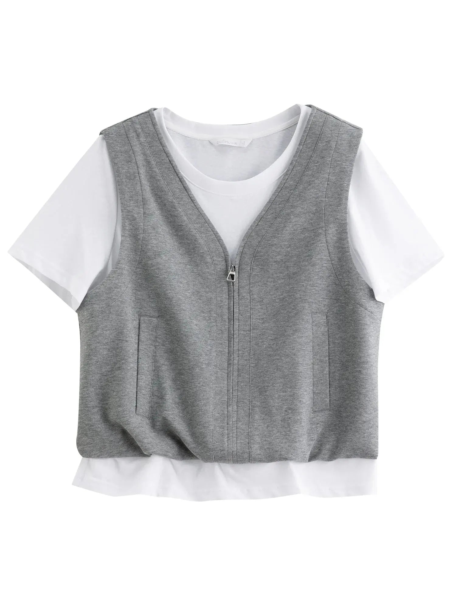 Simple Gray Short-Sleeve Faux Two-Piece Skirt Suit - Loran