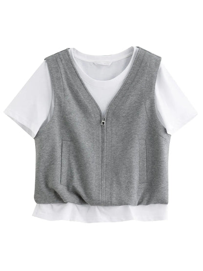 Simple Gray Short-Sleeve Faux Two-Piece Skirt Suit - Loran