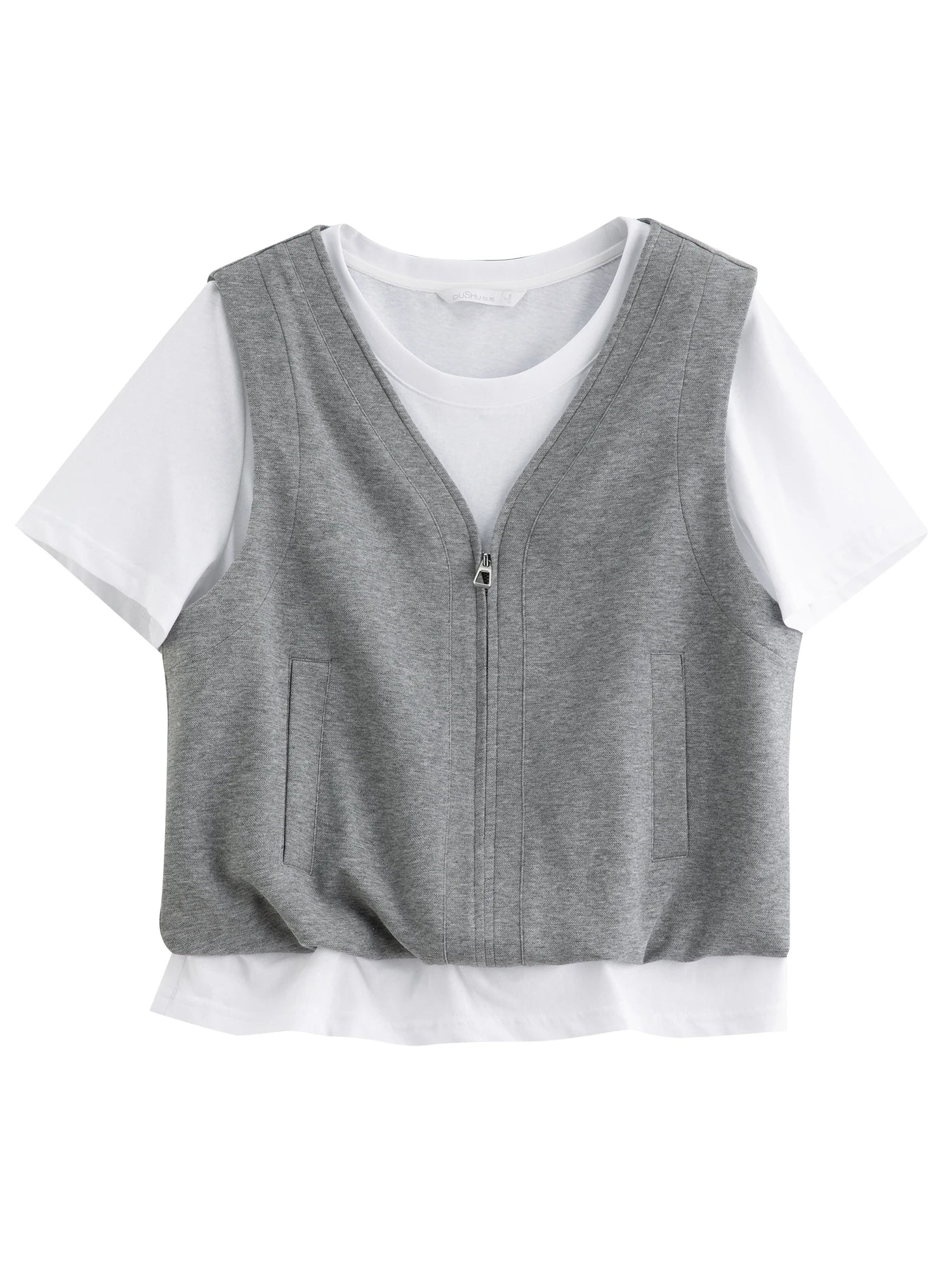 Gray Mock Two-Piece Skirt Suit Casual Short-Sleeve Set Loran