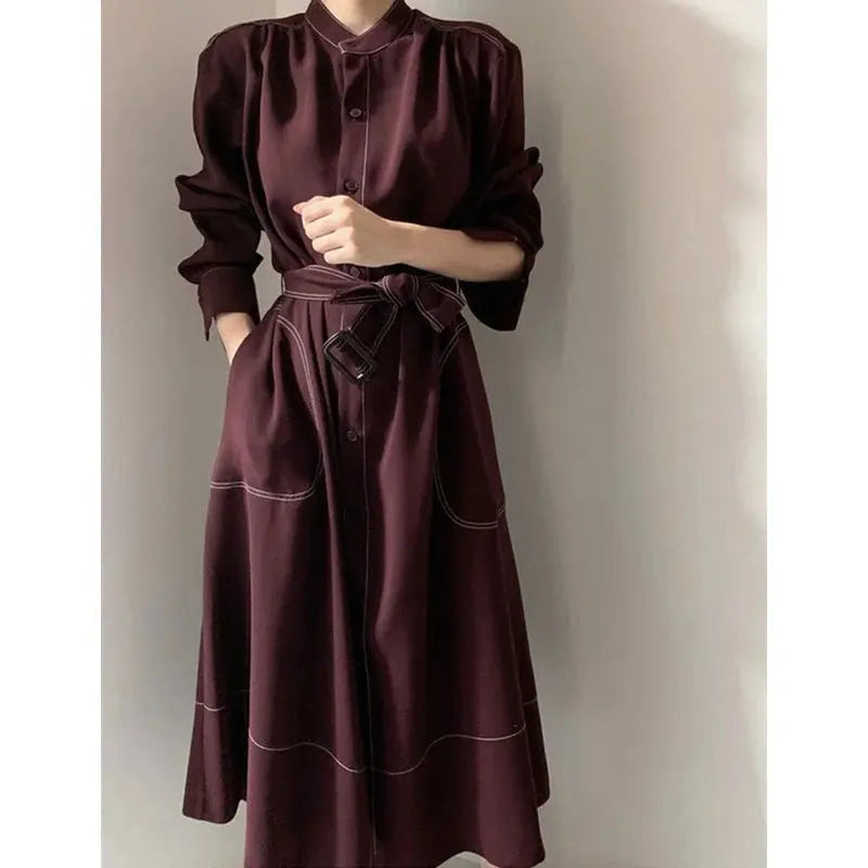 Casual-Chic Stand Collar Straight Dress with Tie Sash - Loran