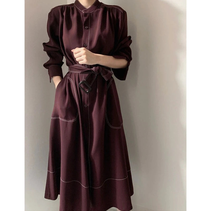 Casual-Chic Stand Collar Straight Dress with Tie Sash