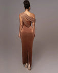Sparkling One-Shoulder Draped Corset Maxi Dress