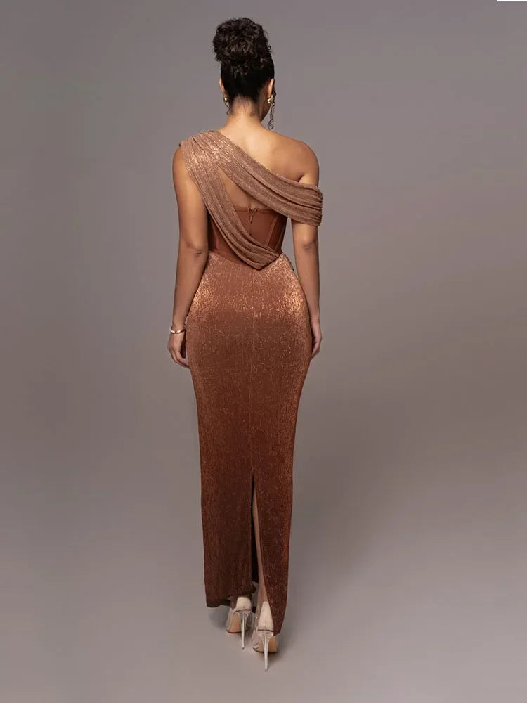 Sparkling One-Shoulder Draped Corset Maxi Dress