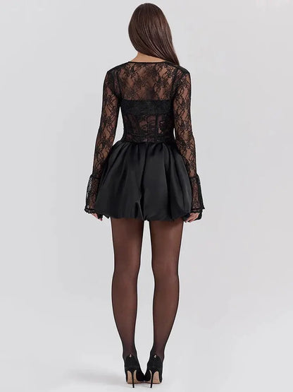 Black Lace Puff-Sleeve Mini Dress - Loran