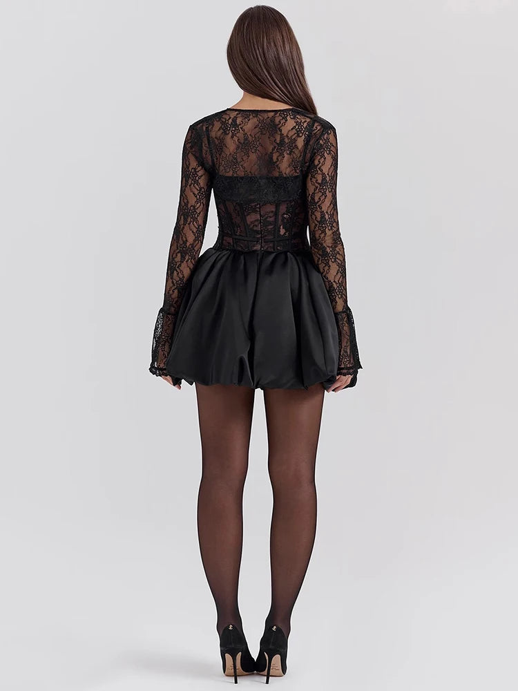 Black Lace Puff-Sleeve Mini Dress