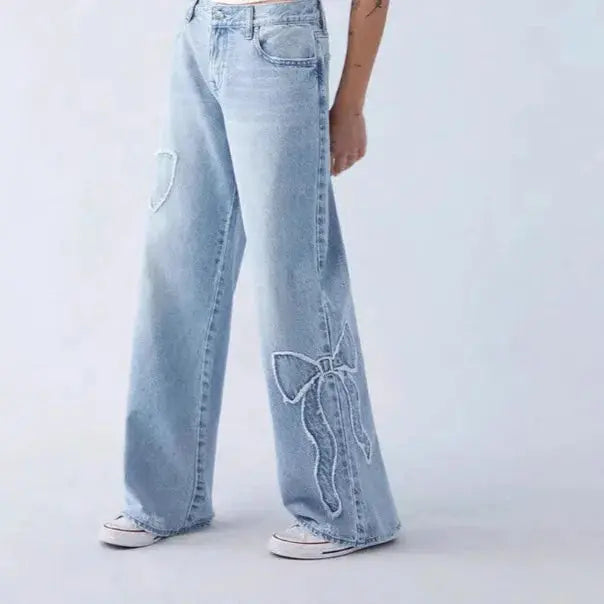 Vintage Wide-Leg Denim with Bow Embroidery - Loran