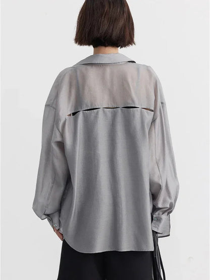 CHIC VEN Women Thin Shirt Long Sleeve Casual Loose Slightly Transparent Cool Blouses Woman Solid Design Female Top Summer 2024 Loran