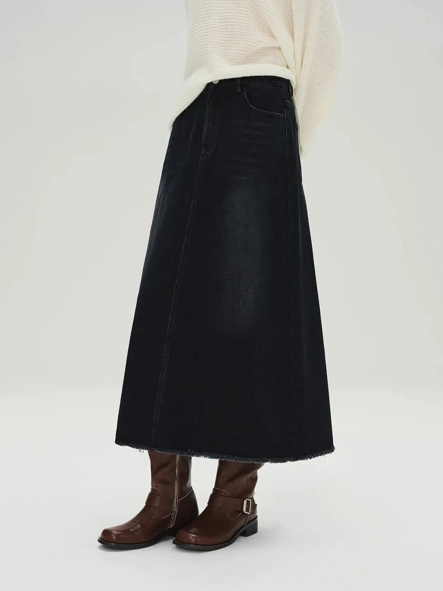 Classic Plus Size Black Denim Midi Skirt - Loran