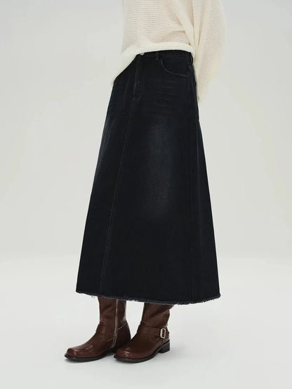 Classic Plus Size Black Denim Midi Skirt - Loran