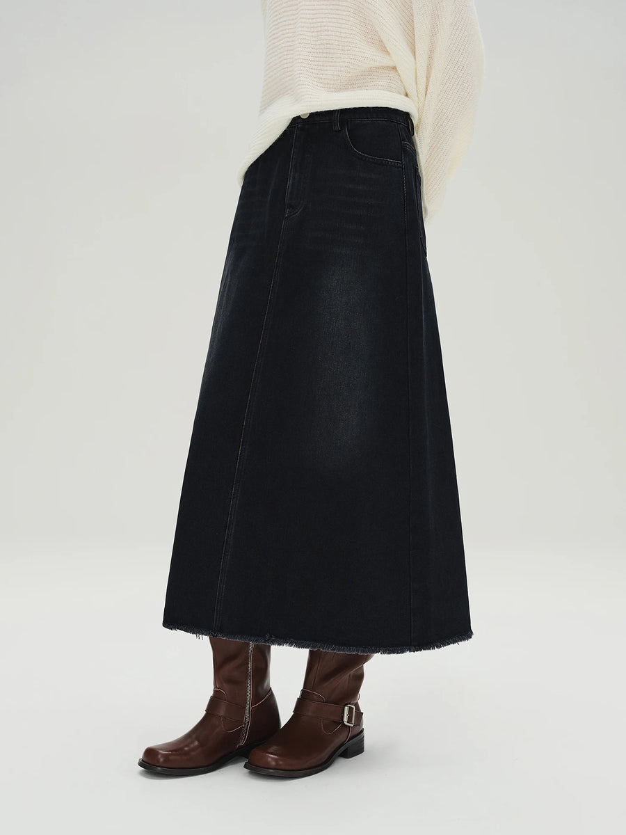 Classic Plus Size Black Denim Midi Skirt