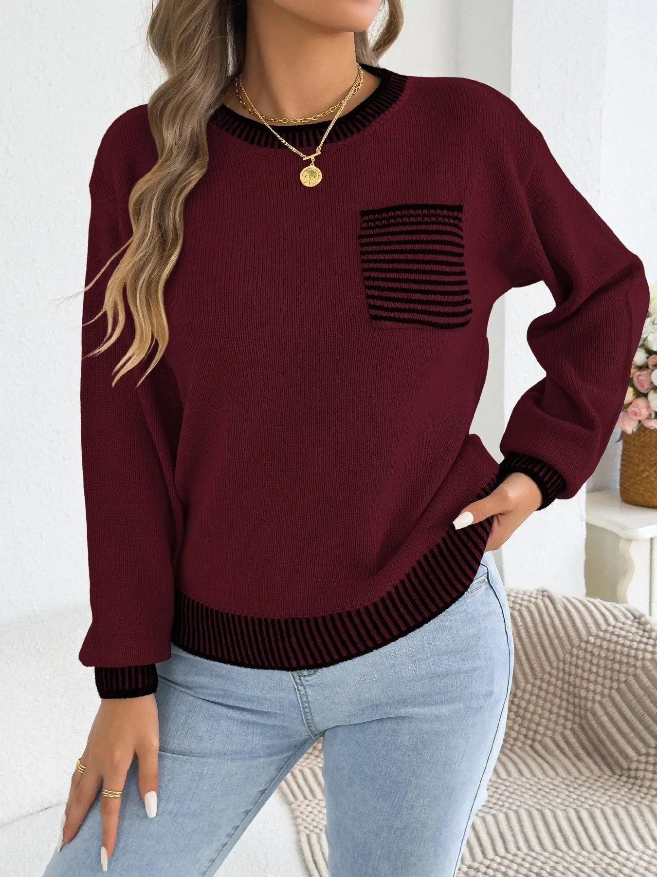 Chic Striped Color Block Knitted Top with Pockets - Lantern Sleeve Style - Loran