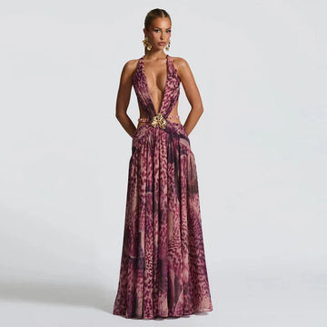 Leopard Print Halter Dress with Backless and Slit Details