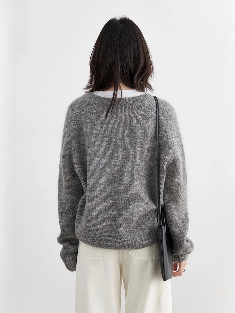 CHIC VEN Korean Women Sweaters Loose Casual Solid New V-neck Mohair Soft Female Knitted Jumpers Pullovers Autumn Winter 2025 Loran